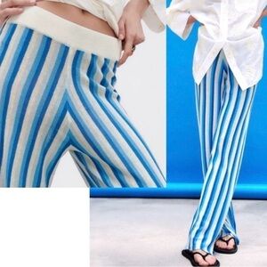 Zara blue ivory white striped linen knit semi sheer pull on flare pants Sz S NWT